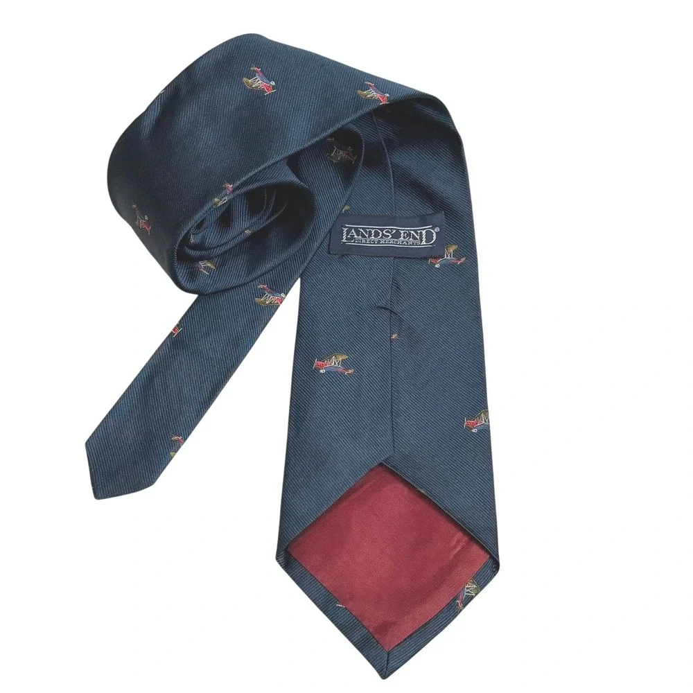 Vintage Lands End Biplane‎ Silk Tie Blue Embroidered Aviation Airplane Captain